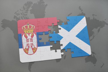 Dünya harita arka plan üzerinde Sırbistan ve İskoçya Ulusal bayrakla bulmaca.