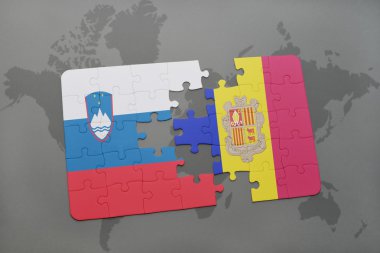 Dünya harita arka plan üzerinde Slovenya ve andorra bayrağı ulusal ile bulmaca.