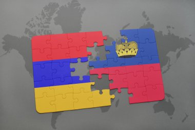 bir dünya haritası arka plan üzerinde ermenistan ve lihtenştayn ulusal bayrağı ile bulmaca.