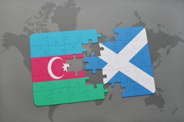 bir dünya haritası arka plan üzerinde Azerbaycan ve İskoçya ulusal bayrağı ile bulmaca.