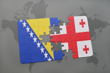 bir dünya haritası arka plan üzerinde Bosna-Hersek ve Gürcistan ulusal bayrağı ile bulmaca.