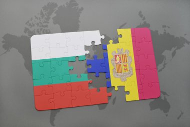 bir dünya haritası arka plan üzerinde bulgaristan ve andorra ulusal bayrağı ile bulmaca.