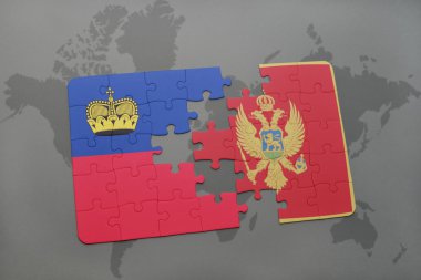 liechtenstein ve Karadağ dünya harita arka plan üzerinde bayrağı ile bulmaca.