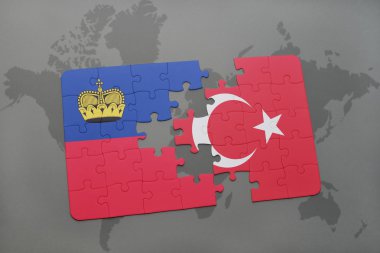 liechtenstein ve dünya harita arka plan üzerinde Türkiye'nin ulusal bayrak ile bulmaca.
