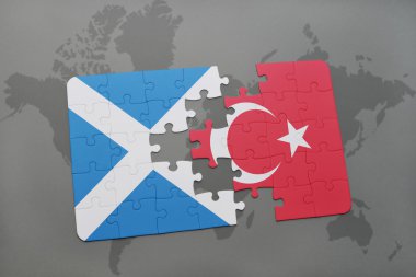 Türkiye Dünya harita arka plan üzerinde ve İskoçya ulusal bayrak ile bulmaca.
