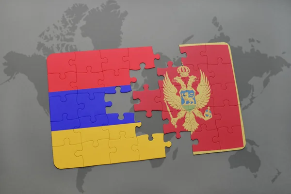 Puzzle with the national flag of armenia and montenegro on a world map background. — Stock Photo, Image