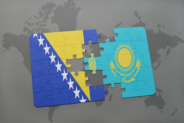 Головоломка з національним прапором Боснії і Герцеговини і Казахстаном на карті світу. — стокове фото