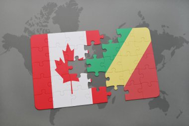 bir dünya haritası arka plan üzerinde Kanada ve Kongo Cumhuriyeti ulusal bayrağı ile bulmaca.