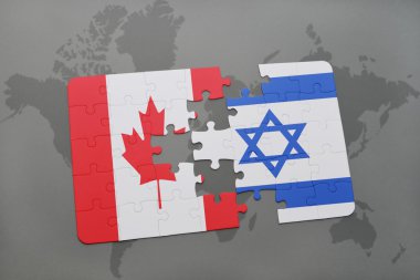 bir dünya haritası arka plan üzerinde Kanada ve İsrail ulusal bayrağı ile bulmaca.