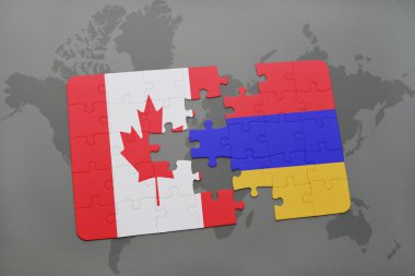 bir dünya haritası arka plan üzerinde Kanada ve Ermenistan ulusal bayrağı ile bulmaca.