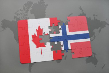 bir dünya haritası arka plan üzerinde Kanada ve Norveç ulusal bayrağı ile bulmaca.