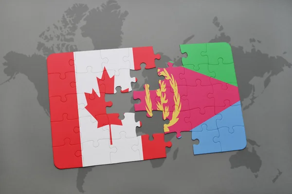 Quebra-cabeça com a bandeira nacional do Canadá e eritreia em um fundo de mapa do mundo . — Fotografia de Stock