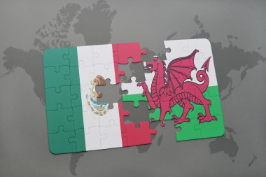 bir dünya haritası arka plan üzerinde Meksika ve Galler ulusal bayrağı ile bulmaca.