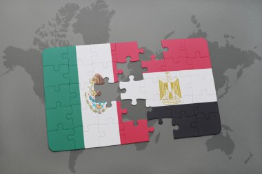 bir dünya haritası arka plan üzerinde Meksika ve Mısır ulusal bayrağı ile bulmaca.