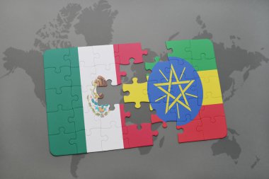 bir dünya haritası arka plan üzerinde Meksika ve Etiyopya ulusal bayrağı ile bulmaca.