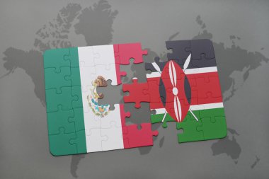 bir dünya haritası arka plan üzerinde Meksika ve Kenya ulusal bayrağı ile bulmaca.