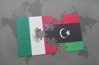 bir dünya haritası arka plan üzerinde Meksika ve Libya ulusal bayrağı ile bulmaca.