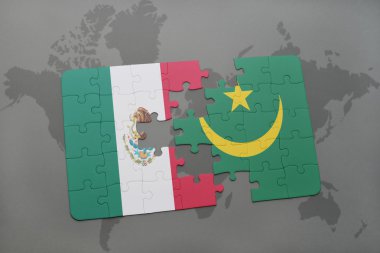 bir dünya haritası arka plan üzerinde Meksika ve Moritanya ulusal bayrağı ile bulmaca.