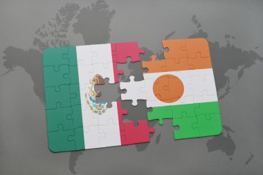 bir dünya haritası arka plan üzerinde meksika ve nijer ulusal bayrağı ile bulmaca.