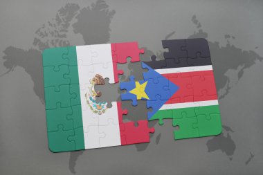 bir dünya haritası arka plan üzerinde Meksika ve güney sudan ulusal bayrağı ile bulmaca.