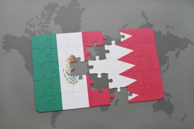bir dünya haritası arka plan üzerinde Meksika ve Bahreyn ulusal bayrağı ile bulmaca.