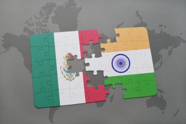 bir dünya haritası arka plan üzerinde Meksika ve Hindistan ulusal bayrağı ile bulmaca.