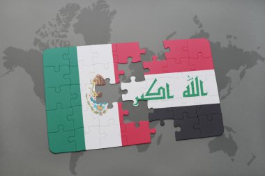 bir dünya haritası arka plan üzerinde Meksika ve Irak ulusal bayrağı ile bulmaca.