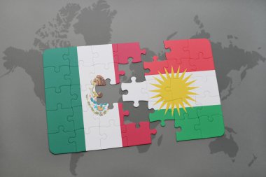 bir dünya haritası arka plan üzerinde Meksika ve Kürdistan ulusal bayrağı ile bulmaca.