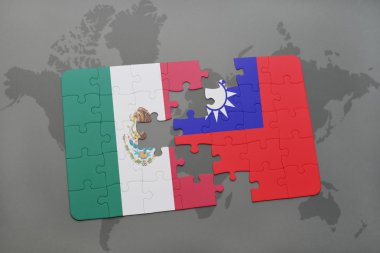 bir dünya haritası arka plan üzerinde Meksika ve Tayvan ulusal bayrağı ile bulmaca.