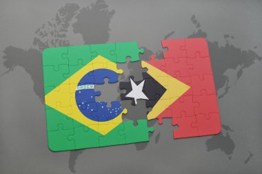 bir dünya haritası arka plan üzerinde Brezilya ve doğu timor ulusal bayrağı ile bulmaca.
