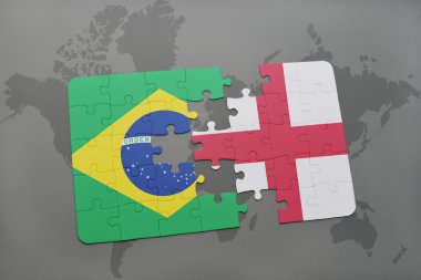 bir dünya haritası arka plan üzerinde Brezilya ve İngiltere ulusal bayrağı ile bulmaca.
