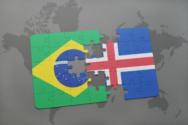 bir dünya haritası arka plan üzerinde Brezilya ve İzlanda ulusal bayrağı ile bulmaca.