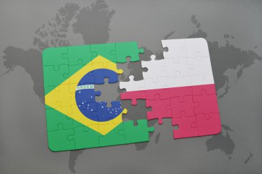 bir dünya haritası arka plan üzerinde Brezilya ve Polonya ulusal bayrağı ile bulmaca.