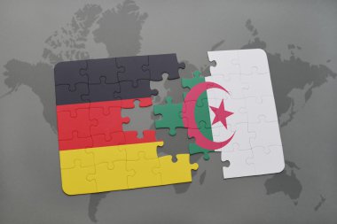 bir dünya haritası arka plan üzerinde Almanya ve Cezayir ulusal bayrağı ile bulmaca.
