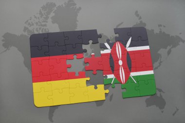 bir dünya haritası arka plan üzerinde Almanya ve Kenya ulusal bayrağı ile bulmaca.