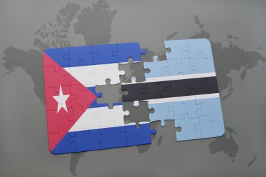 bir dünya haritası arka plan üzerinde küba ve botsvana ulusal bayrağı ile bulmaca.