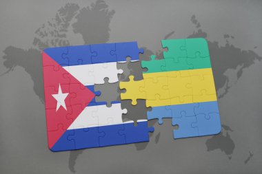 bir dünya haritası arka plan üzerinde küba ve gabon ulusal bayrağı ile bulmaca.