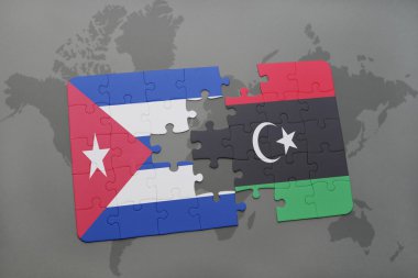 bir dünya haritası arka plan üzerinde Küba ve Libya ulusal bayrağı ile bulmaca.