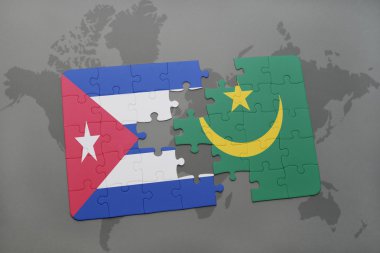 bir dünya haritası arka plan üzerinde küba ve moritanya ulusal bayrağı ile bulmaca.