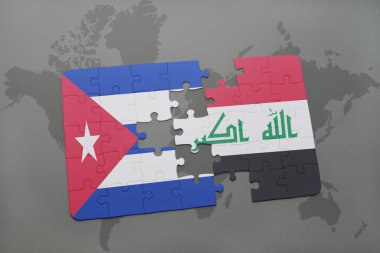 bir dünya haritası arka plan üzerinde Küba ve Irak ulusal bayrağı ile bulmaca.