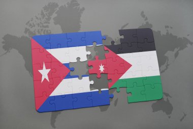 bir dünya haritası arka plan üzerinde Küba ve Ürdün ulusal bayrağı ile bulmaca.