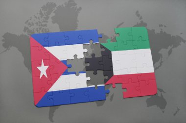 bir dünya haritası arka plan üzerinde Küba ve Kuveyt ulusal bayrağı ile bulmaca.