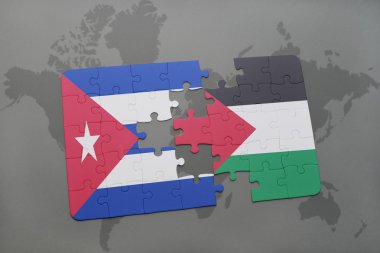 bir dünya haritası arka plan üzerinde Küba ve Filistin ulusal bayrağı ile bulmaca.