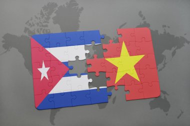 bir dünya haritası arka plan üzerinde Küba ve Vietnam ulusal bayrağı ile bulmaca.