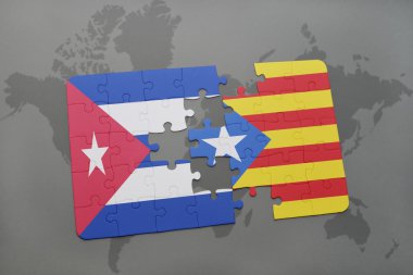 bir dünya haritası arka plan üzerinde Küba ve Katalonya ulusal bayrağı ile bulmaca.