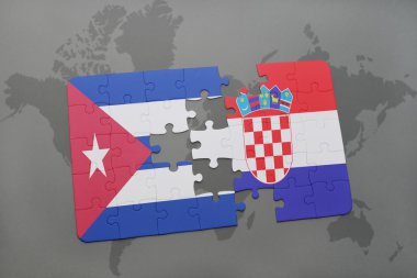 bir dünya haritası arka plan üzerinde Küba ve Hırvatistan ulusal bayrağı ile bulmaca.