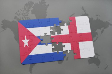 bir dünya haritası arka plan üzerinde Küba ve İngiltere ulusal bayrağı ile bulmaca.