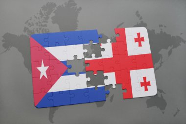 bir dünya haritası arka plan üzerinde Küba ve Gürcistan ulusal bayrağı ile bulmaca.