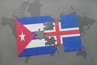 bir dünya haritası arka plan üzerinde Küba ve İzlanda ulusal bayrağı ile bulmaca.