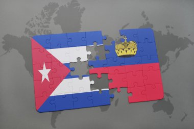 bir dünya haritası arka plan üzerinde küba ve lihtenştayn ulusal bayrağı ile bulmaca.